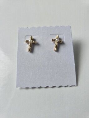 Gold Color Cross / Pearl Stud Earrings - Women Jewelry
